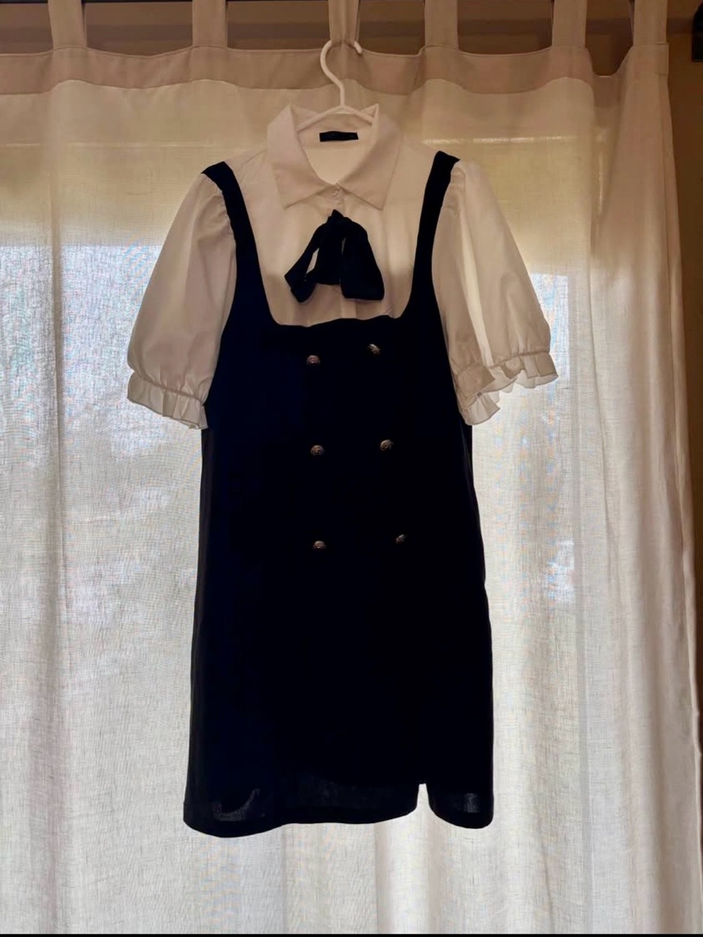 Classic Black and White School-Style Pinafore Dress with Bow Plus Size